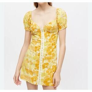 Urban Outfitters Mini Dress Size XS Yellow Floral Print Britney Hook and Eye UO